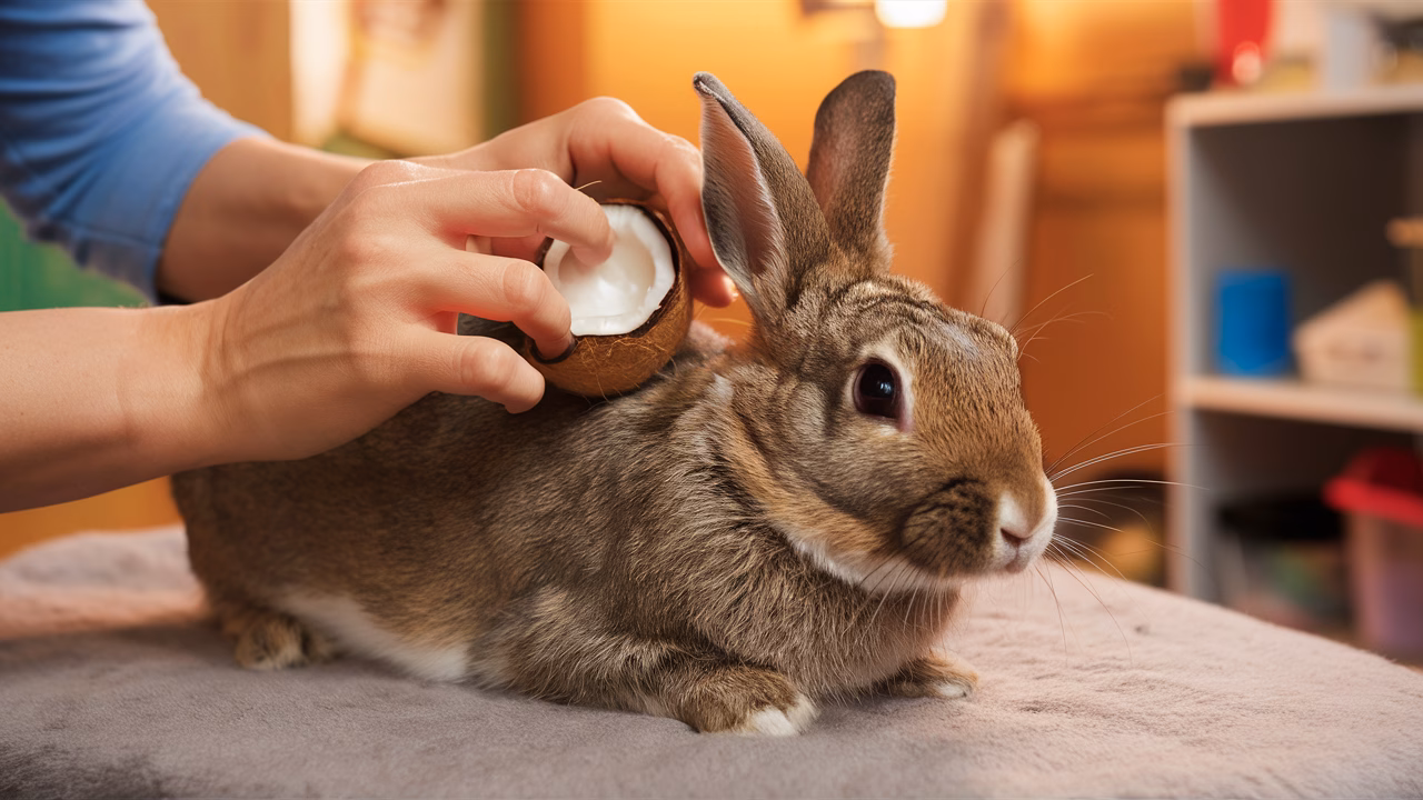 Applying coconut oil to rabbit skin Rubbing coconut oil on rabbit ears