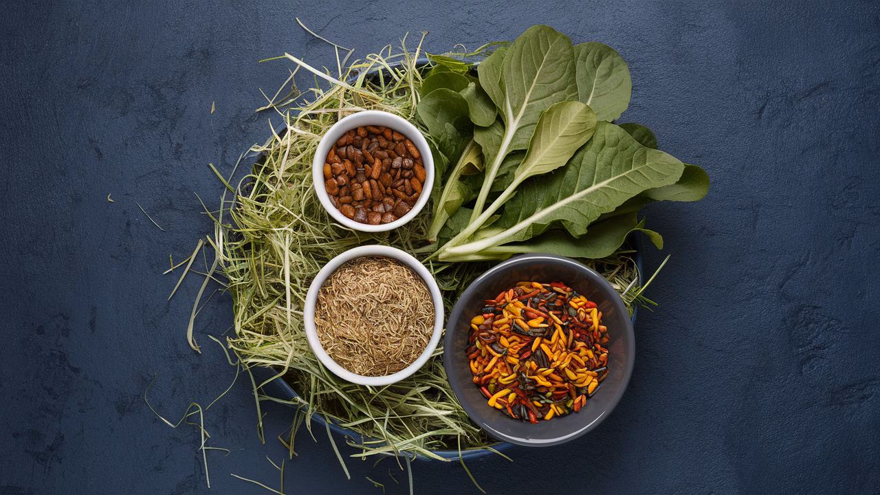 Balanced rabbit diet with hay and greens Balanced rabbit diet with hay and greens