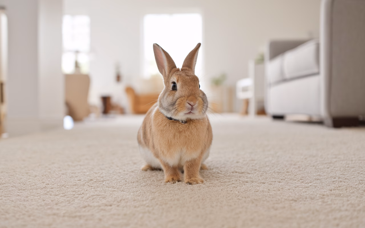 A Content Rabbit in a Spotless Home Happy rabbit in a clean, spacious hutch with fresh hay
