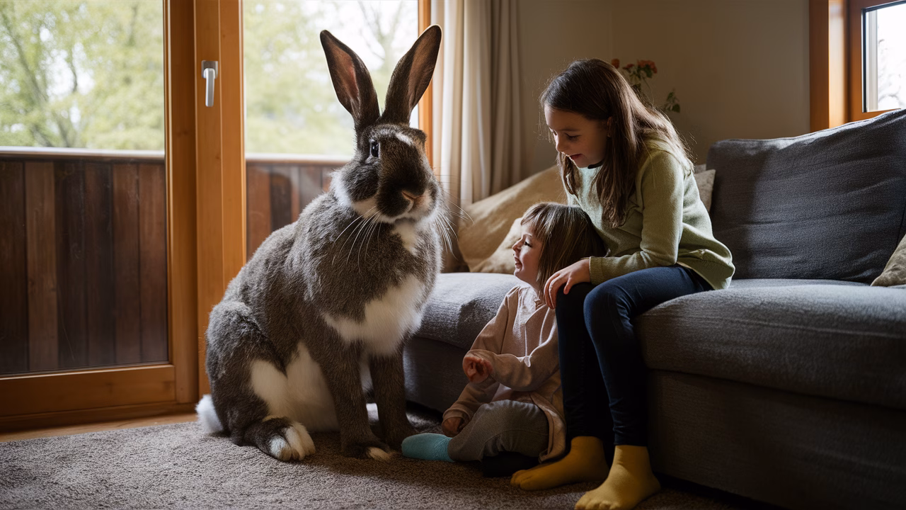 Flemish Giant rabbit with child Flemish Giant rabbit with child