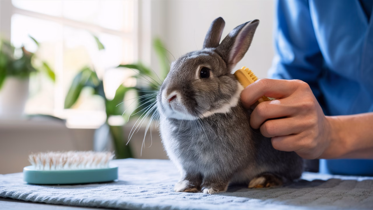 Gentle rabbit grooming at home Rabbit being gently groomed
