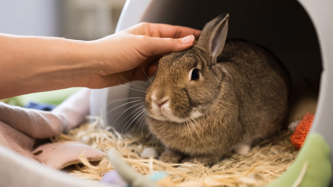Caring for Spayed Rabbit Rabbit owner gently stroking a spayed bunny in a calm, enriched indoor environment