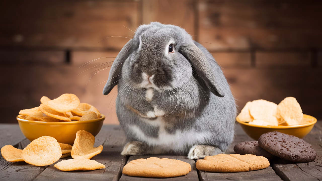 Mistakes to Avoid in Rabbit Nutrition A distressed Netherland Dwarf Rabbit clutching its stomach, surrounded by common human snack foods like chips and cookies, highlighting common feeding mistakes.