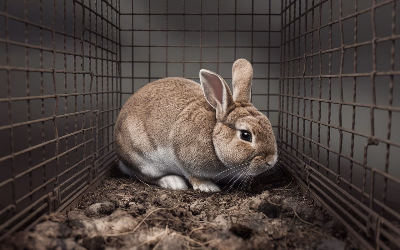 Rabbit Depression Environmental Factors A sad-looking rabbit in a small, barren cage, hunched over with ears down, depicting environmental factors contributing to depression.