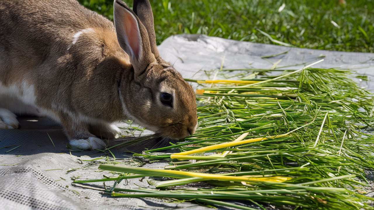 Dried grass clippings for rabbit nutrition Rabbit sniffing dried lawn clippings