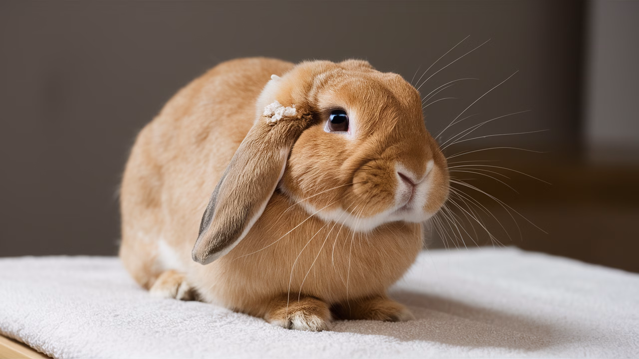 Ear mite symptoms in rabbits Closeup of rabbit with crusty ear caused by mites