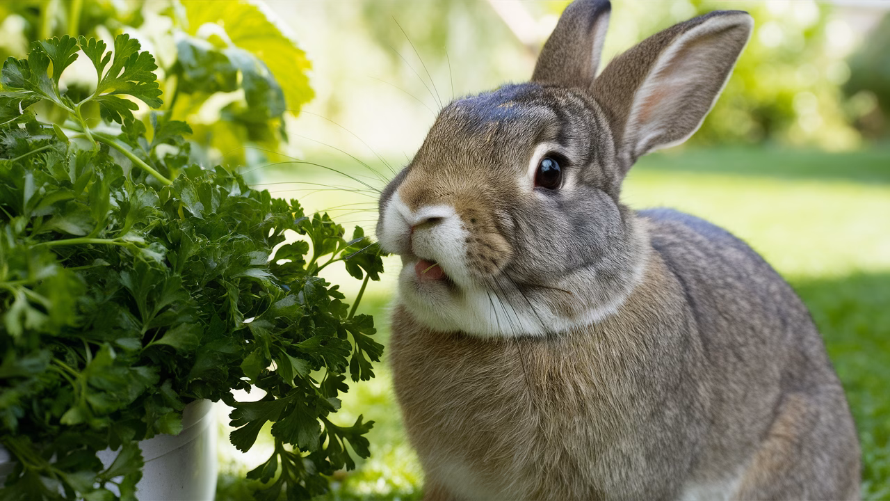 Rabbit eating fresh parsley Rabbit eating fresh parsley