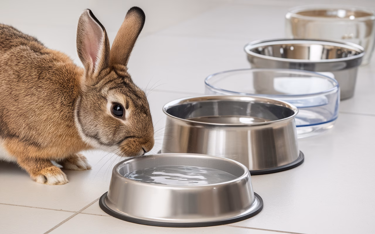 Rabbit exploring different water sources Rabbit drinking from various water bowls