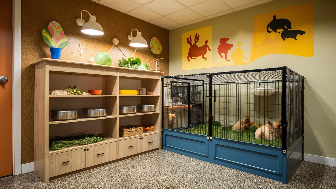 Rabbit stress-free feeding setup Enriched rabbit feeding environment