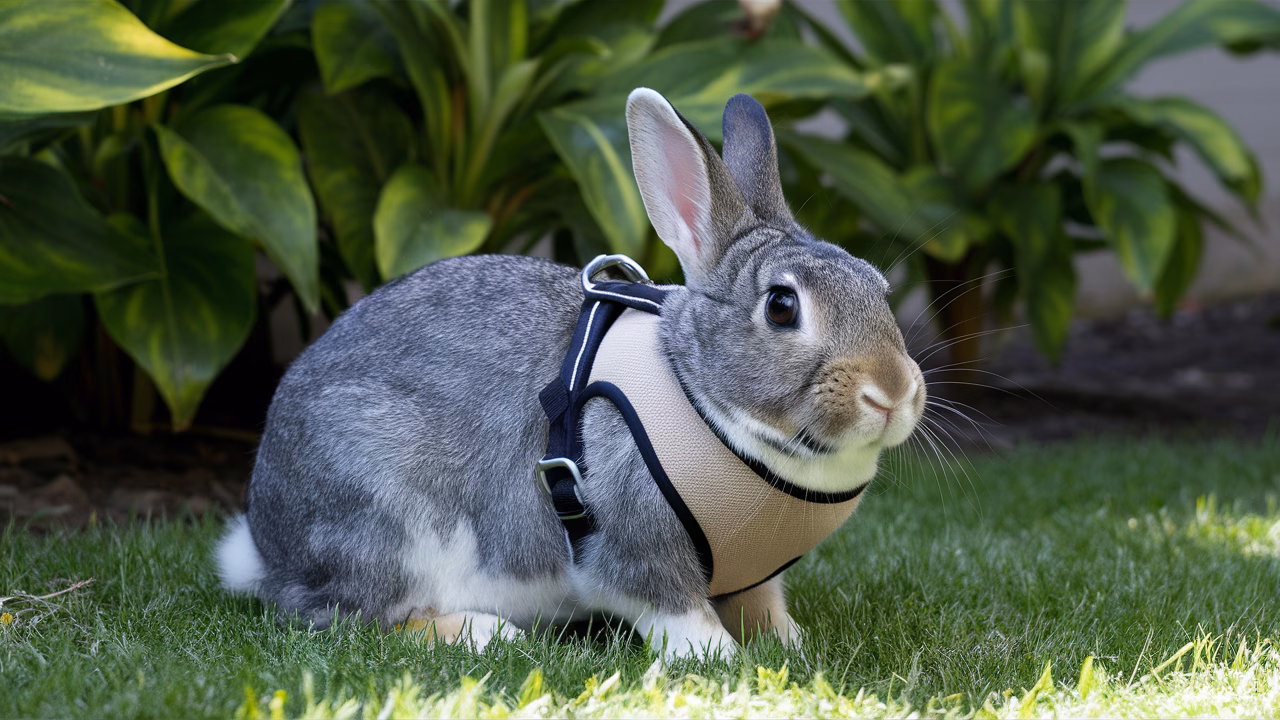 Rabbit wearing a safe harness Rabbit harness on domestic bunny