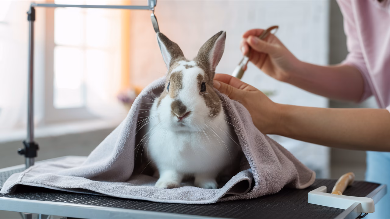 Gentle rabbit handling for grooming Rabbit laying comfortably inside towel