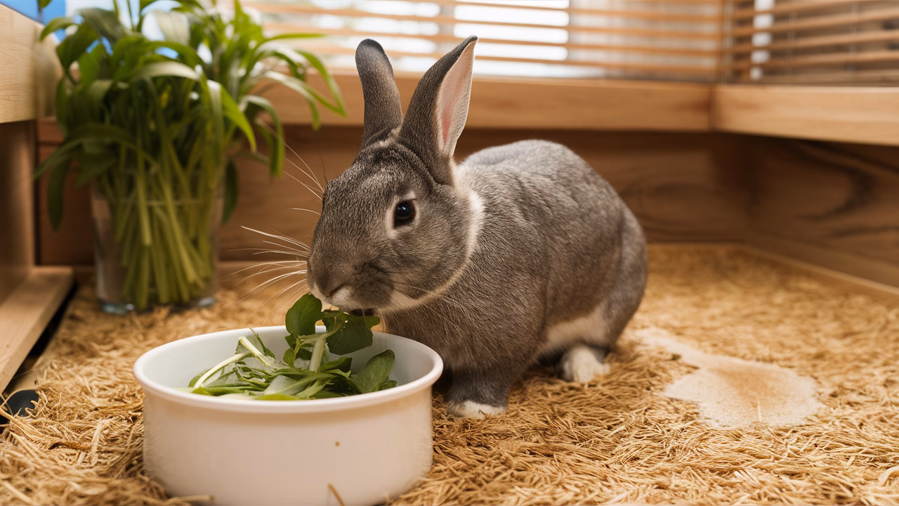 Rabbit enjoying fresh greens Healthy rabbit eating greens
