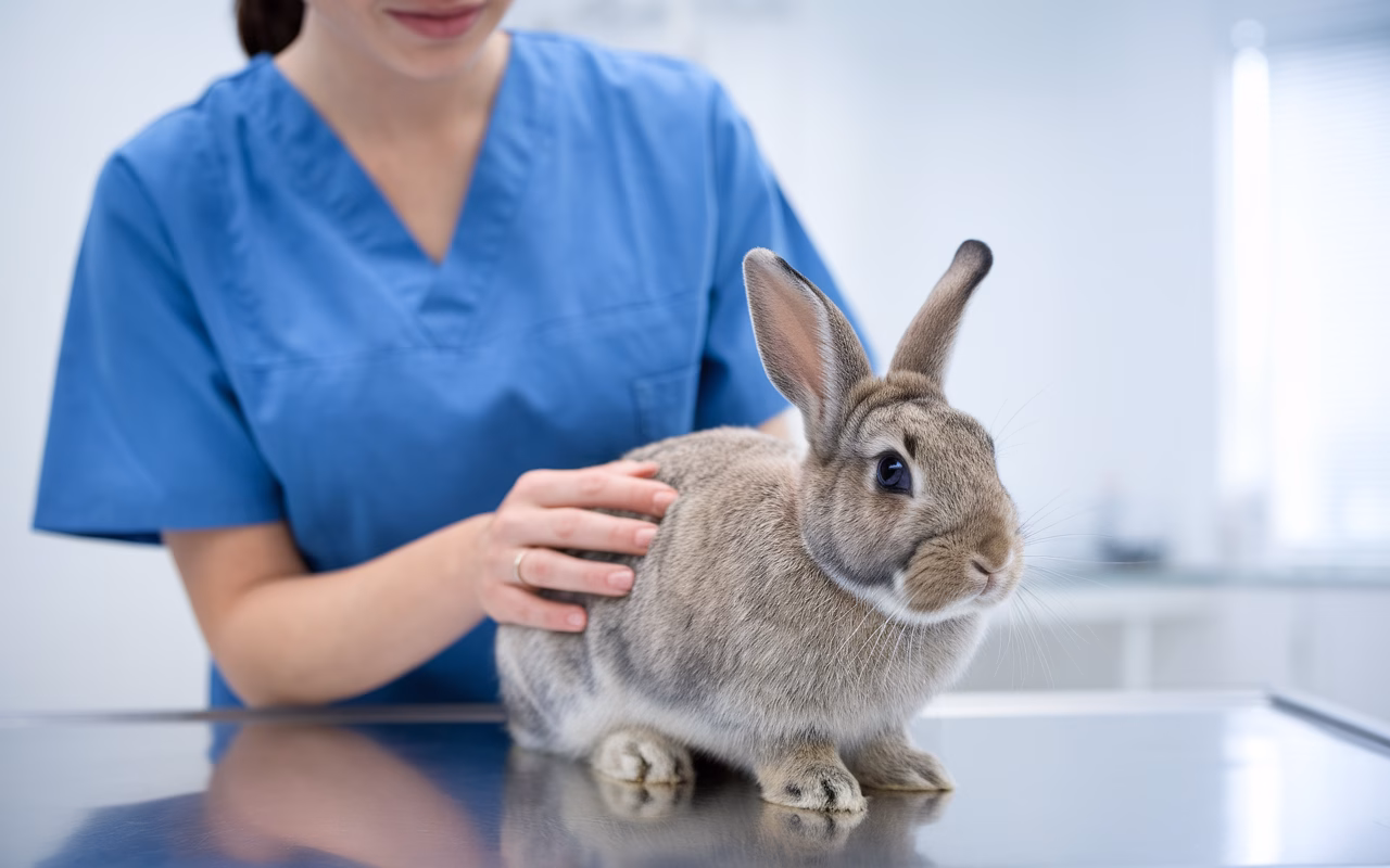 Veterinary Care for Depressed Rabbits A veterinarian gently examining a calm rabbit in a clean, professional clinic setting, highlighting the importance of professional care.